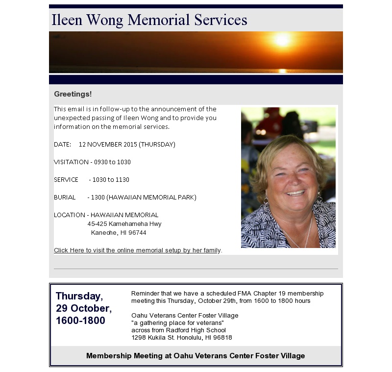 Ileen Wong Memorial Services Announcement